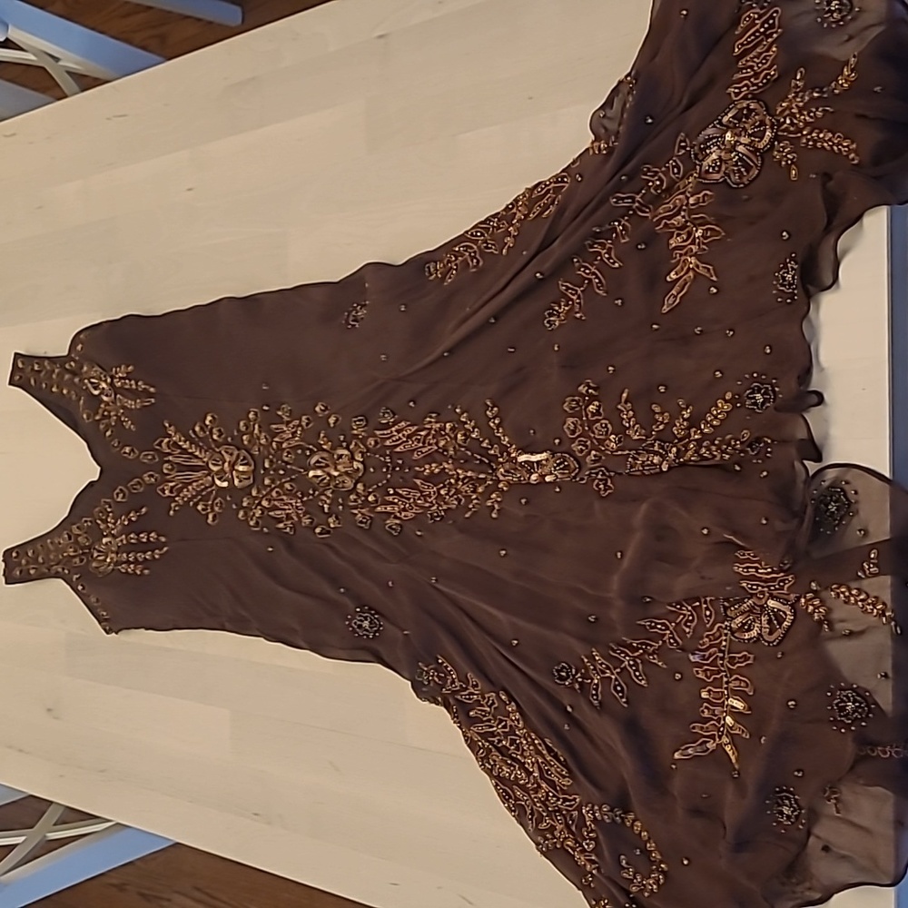 EUC VTG Marina 100% Silk Beaded and Sequined Chocolate Bown Lined Dress - Picture 3 of 17